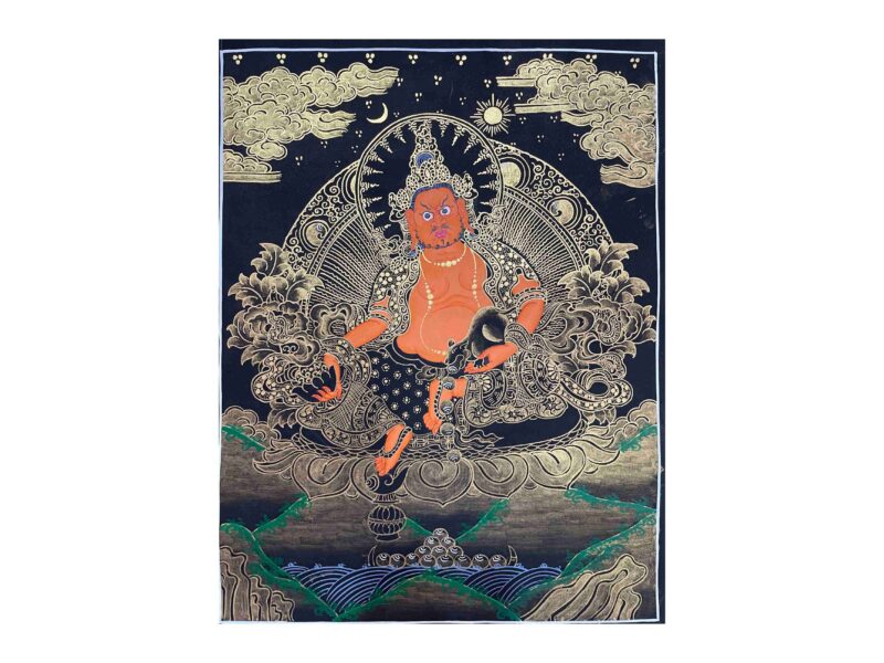 Buddhist Handmade Thangka Painting of Yellow Jambhala – Real Gold, Hand Painted