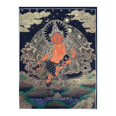 Buddhist Handmade Thangka Painting of Yellow Jambhala – Real Gold, Hand Painted