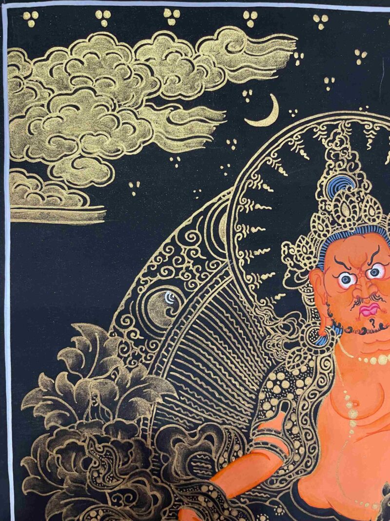 Buddhist Handmade Thangka Painting of Yellow Jambhala – Real Gold, Hand Painted - Image 2