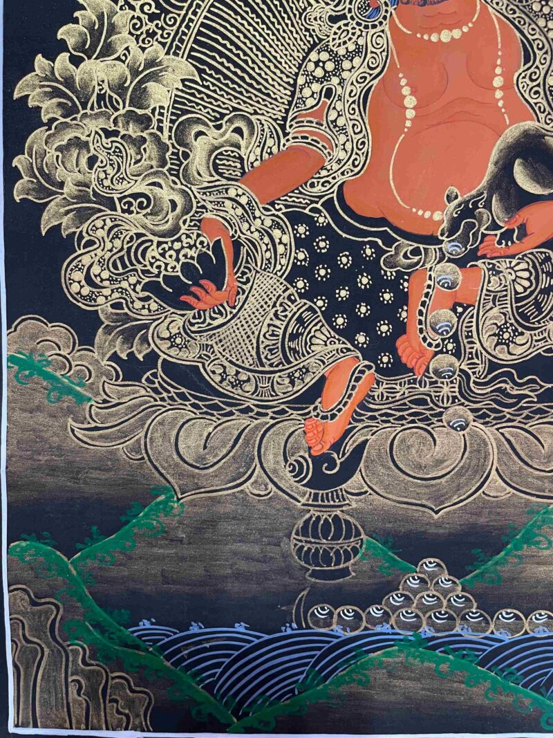 Buddhist Handmade Thangka Painting of Yellow Jambhala – Real Gold, Hand Painted - Image 5