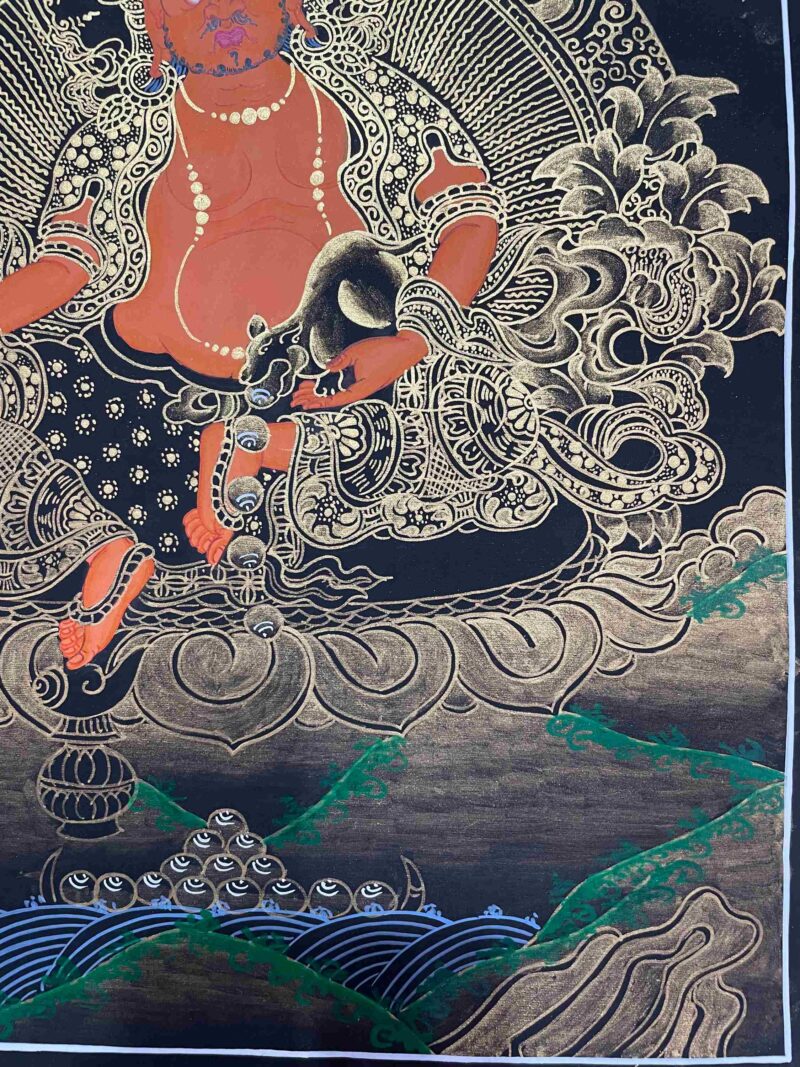 Buddhist Handmade Thangka Painting of Yellow Jambhala – Real Gold, Hand Painted - Image 6