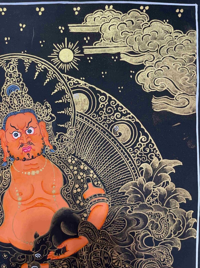 Buddhist Handmade Thangka Painting of Yellow Jambhala – Real Gold, Hand Painted - Image 3