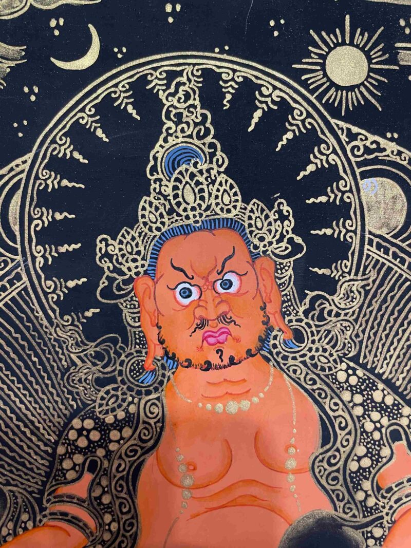 Buddhist Handmade Thangka Painting of Yellow Jambhala – Real Gold, Hand Painted - Image 4