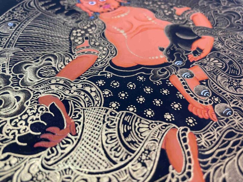 Buddhist Handmade Thangka Painting of Yellow Jambhala – Real Gold, Hand Painted - Image 7