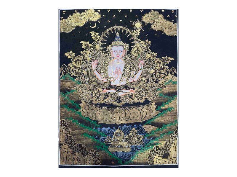 Buddhist Handmade Thangka Painting of Chenrezig (Avalokiteshvara) – Real Gold, Hand Painted