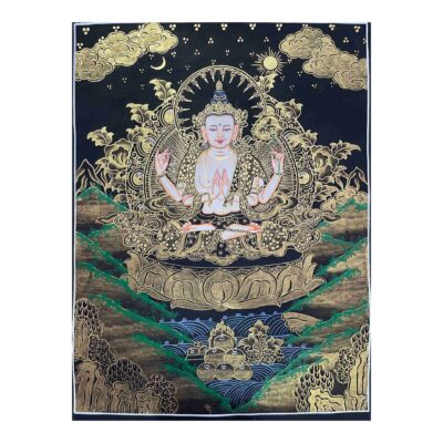 Buddhist Handmade Thangka Painting of Chenrezig (Avalokiteshvara) – Real Gold, Hand Painted