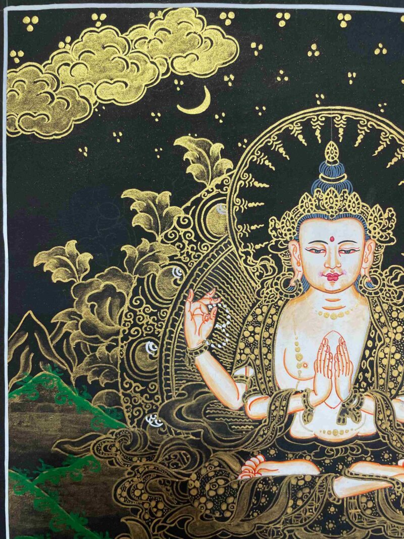 Buddhist Handmade Thangka Painting of Chenrezig (Avalokiteshvara) – Real Gold, Hand Painted - Image 2