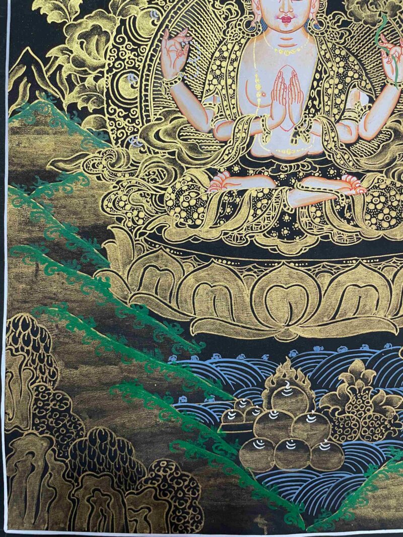Buddhist Handmade Thangka Painting of Chenrezig (Avalokiteshvara) – Real Gold, Hand Painted - Image 5