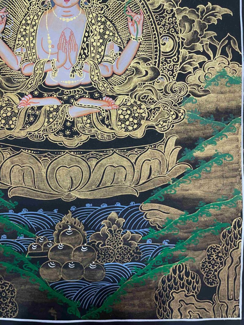 Buddhist Handmade Thangka Painting of Chenrezig (Avalokiteshvara) – Real Gold, Hand Painted - Image 6