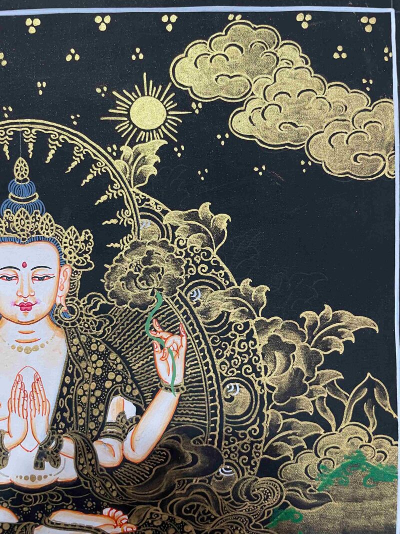 Buddhist Handmade Thangka Painting of Chenrezig (Avalokiteshvara) – Real Gold, Hand Painted - Image 3