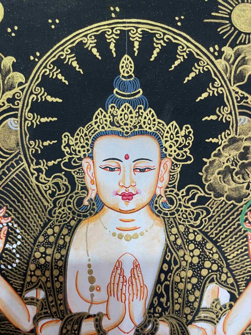 Buddhist Handmade Thangka Painting of Chenrezig (Avalokiteshvara) – Real Gold, Hand Painted - Image 4