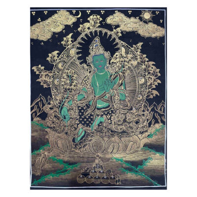 Buddhist Handmade Thangka Painting of Green Tara – Real Gold, Hand Painted