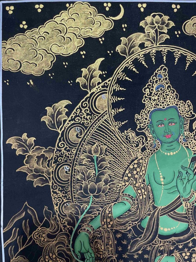 Buddhist Handmade Thangka Painting of Green Tara – Real Gold, Hand Painted - Image 3