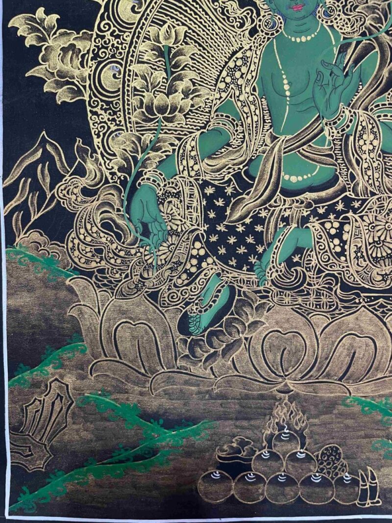 Buddhist Handmade Thangka Painting of Green Tara – Real Gold, Hand Painted - Image 5
