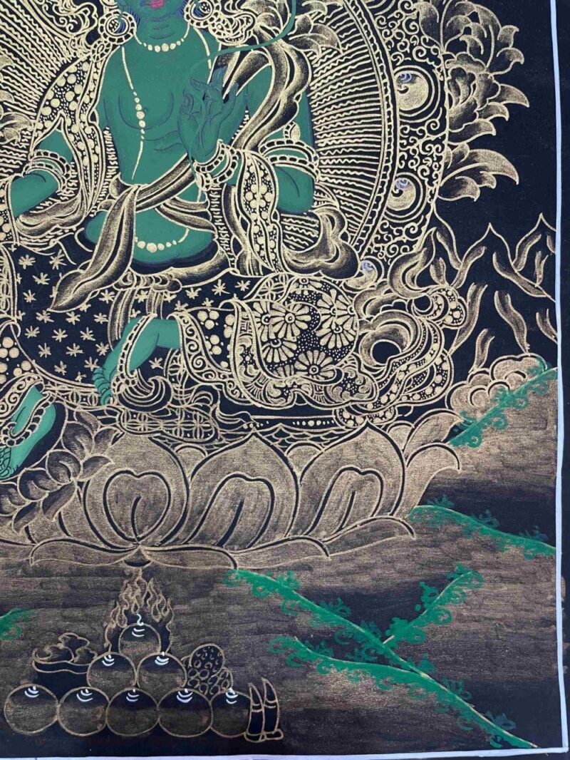 Buddhist Handmade Thangka Painting of Green Tara – Real Gold, Hand Painted - Image 6