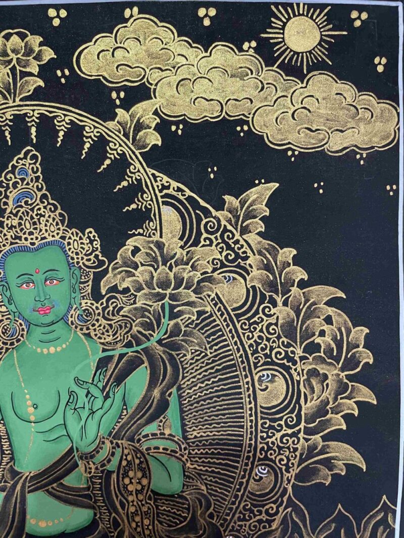 Buddhist Handmade Thangka Painting of Green Tara – Real Gold, Hand Painted - Image 4