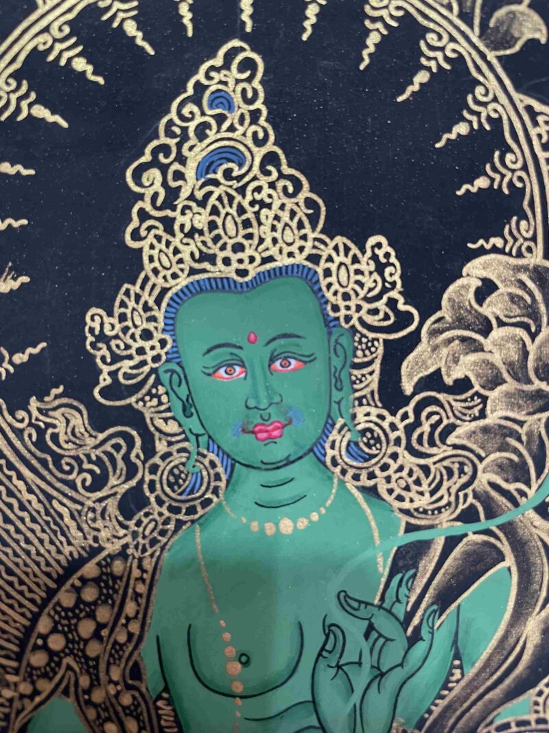 Buddhist Handmade Thangka Painting of Green Tara – Real Gold, Hand Painted - Image 2