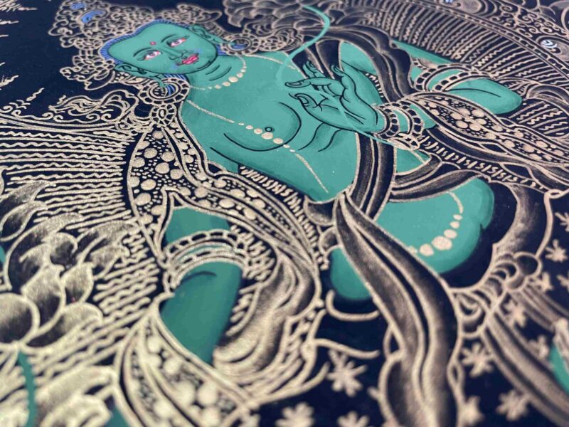 Buddhist Handmade Thangka Painting of Green Tara – Real Gold, Hand Painted - Image 7