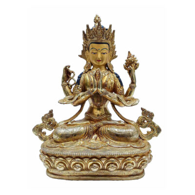 Buddhist Handmade Statue of Chenrezig – Full Fire Gold Plated with Painted Face