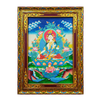 Traditional Tibetan Ritual Wall Hanging – White Tara Thangka on Wooden Frame