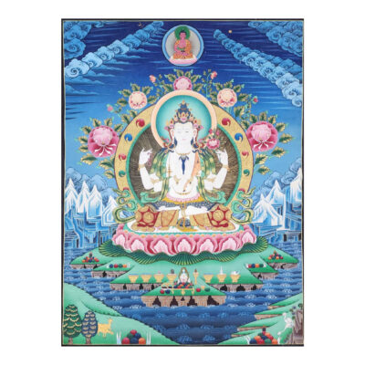 Old Stock Tibetan Thangka of Chenrezig – Hand-Painted with Real Gold