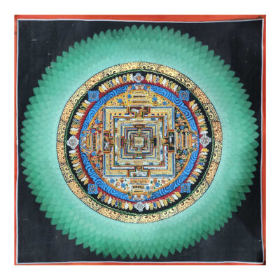 Hand-Painted Tibetan Kalachakra Mandala Thangka – Antique Finish, Green Rainbow Design