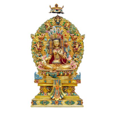 Buddhist Handmade Statue of Green Tara Sitting on Throne