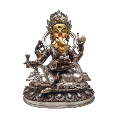 Handmade Ganesh Statue – Silver Plated, Gold-Painted Face, Chocolate Oxidized Finish