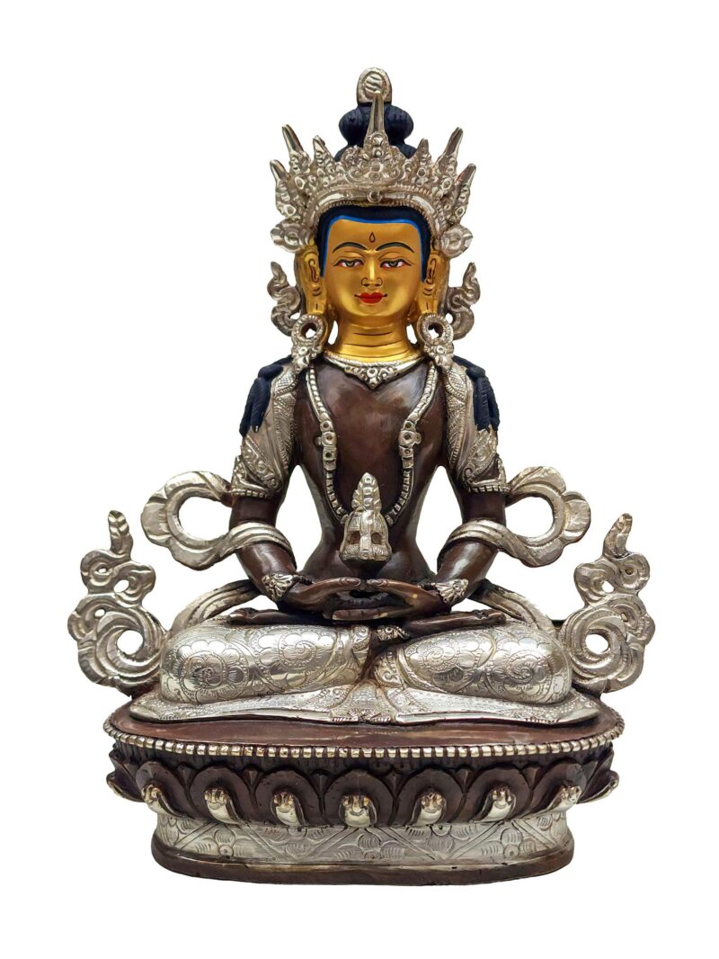 Handmade Statue of Aparimita – Silver-Plated & Chocolate Oxidized with Gold-Painted Face - Image 3