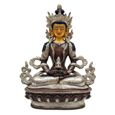 Handmade Statue of Aparimita – Silver-Plated & Chocolate Oxidized with Gold-Painted Face
