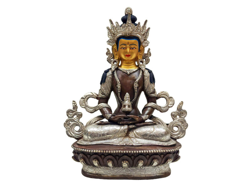 Handmade Statue of Aparimita – Silver-Plated & Chocolate Oxidized with Gold-Painted Face