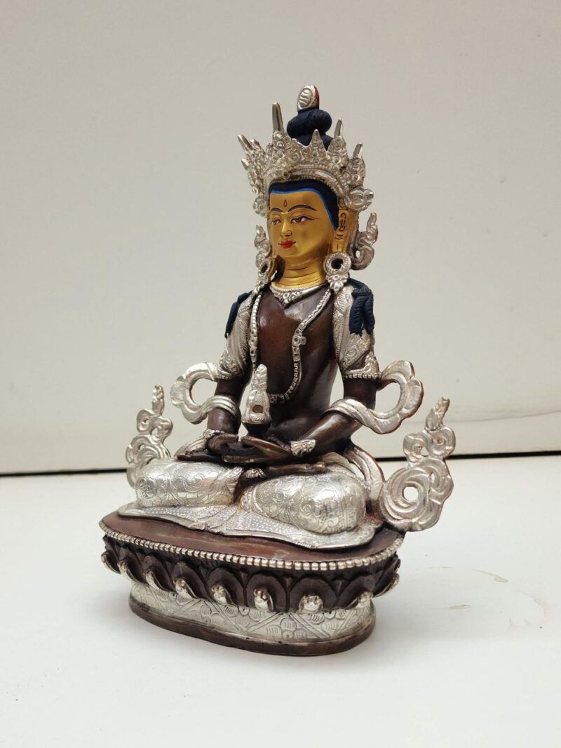 Handmade Statue of Aparimita – Silver-Plated & Chocolate Oxidized with Gold-Painted Face - Image 4