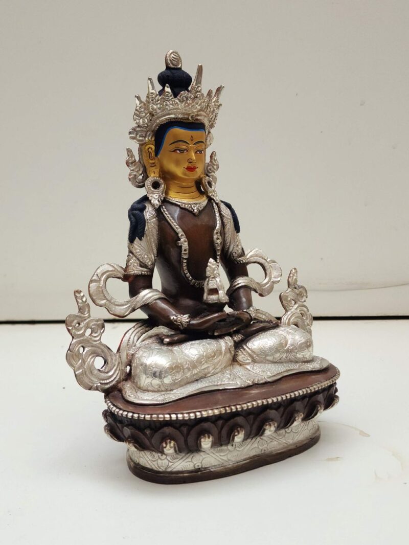 Handmade Statue of Aparimita – Silver-Plated & Chocolate Oxidized with Gold-Painted Face - Image 2
