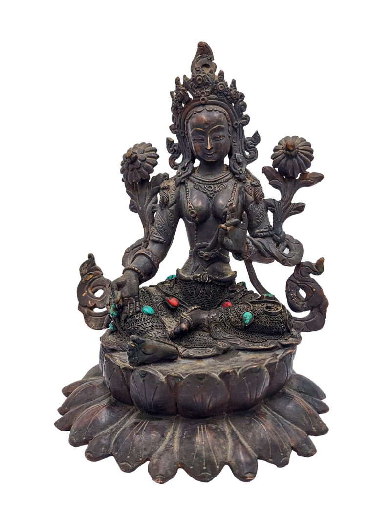 Buddhist Handmade Green Tara Statue – Antique Finish, Stone Setting, Seku Design - Image 3