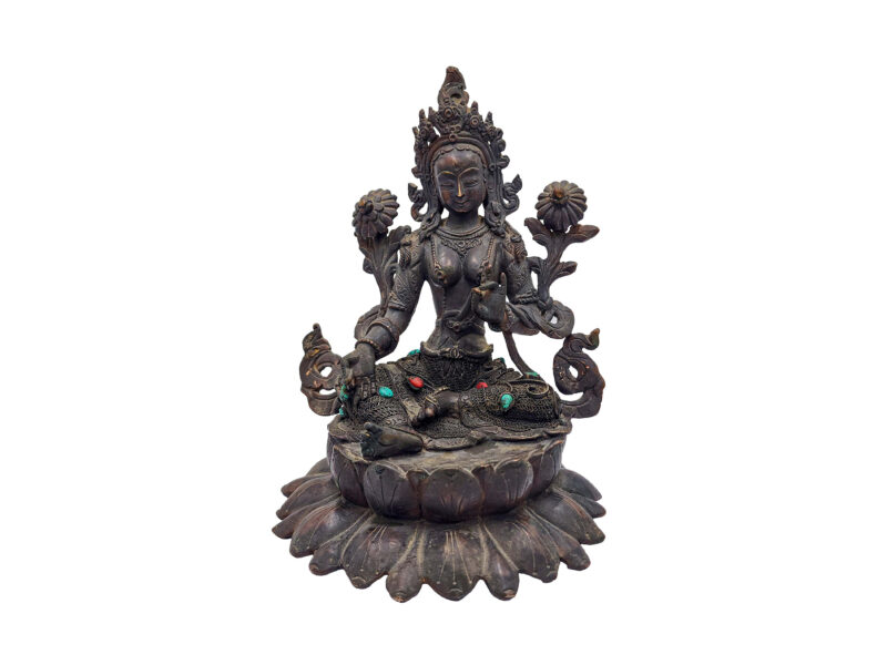 Buddhist Handmade Green Tara Statue – Antique Finish, Stone Setting, Seku Design