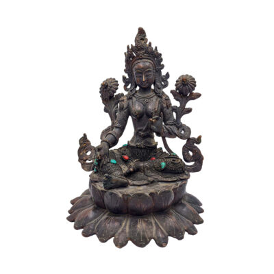 Buddhist Handmade Green Tara Statue – Antique Finish, Stone Setting, Seku Design