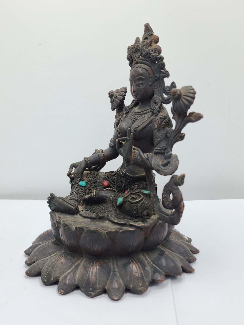 Buddhist Handmade Green Tara Statue – Antique Finish, Stone Setting, Seku Design - Image 4