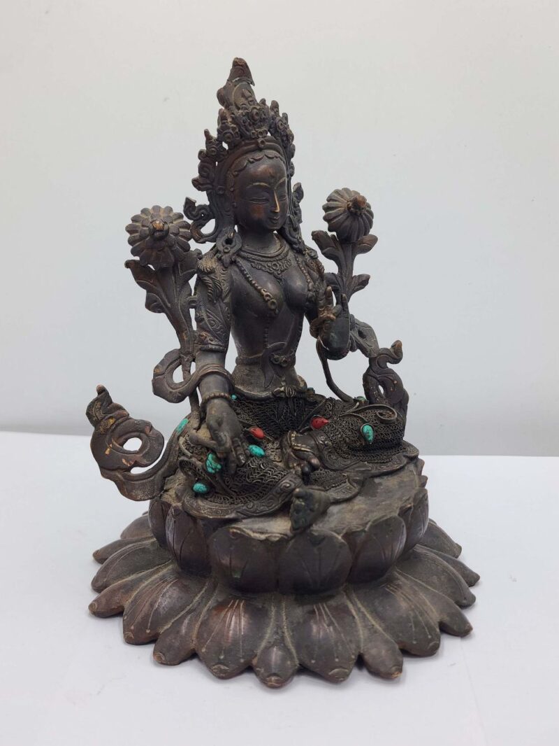 Buddhist Handmade Green Tara Statue – Antique Finish, Stone Setting, Seku Design - Image 2