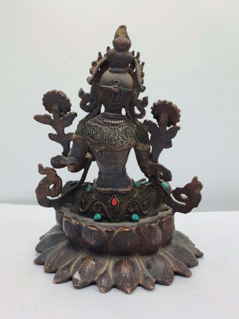Buddhist Handmade Green Tara Statue – Antique Finish, Stone Setting, Seku Design - Image 5