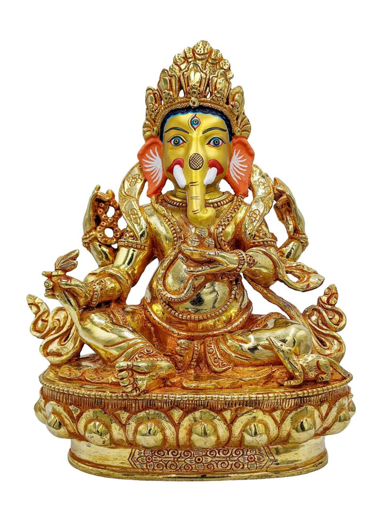 Buddhist Handmade Statue of Ganesh – Full Fire Gold Plated, Face Painted - Image 3