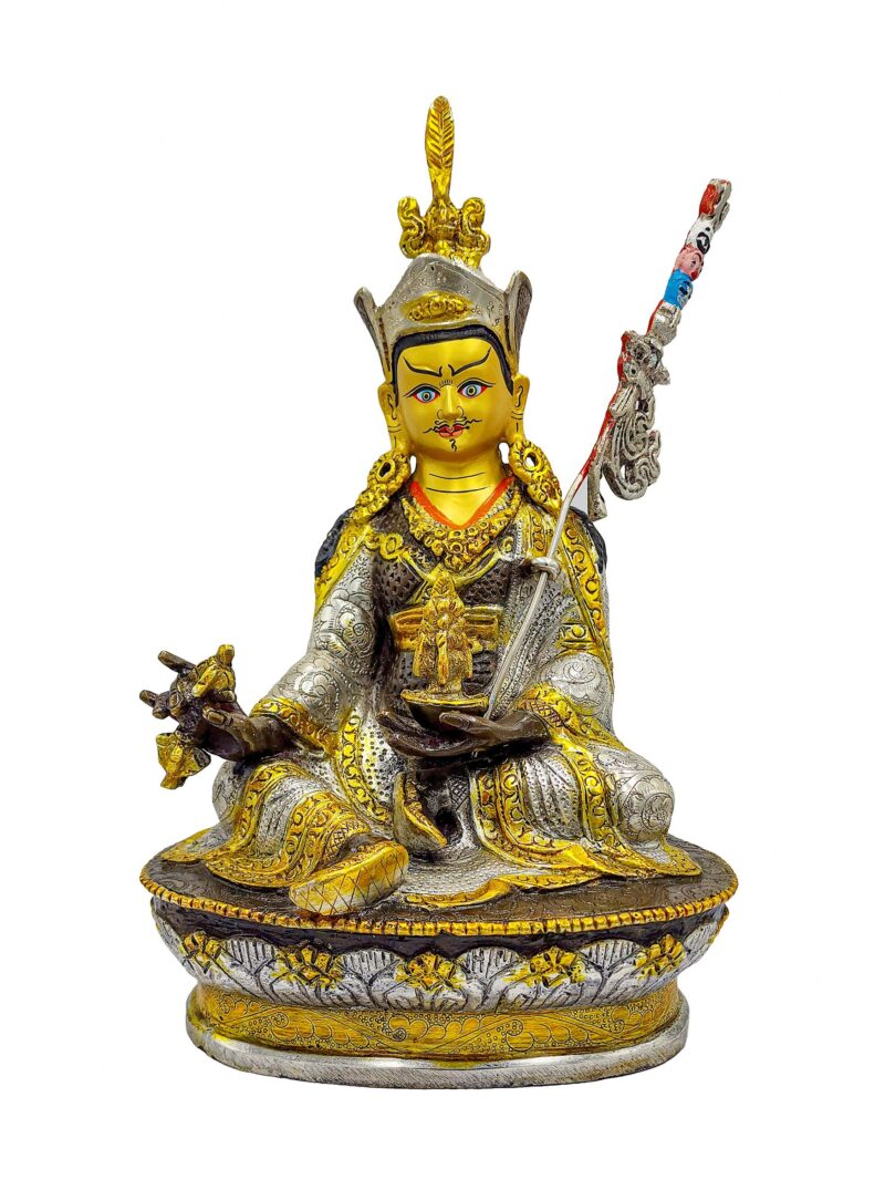 Buddhist Handmade Statue of Padmasambhava (Guru Rinpoche) – Silver Plated, Chocolate Oxidized, Face Painted - Image 3
