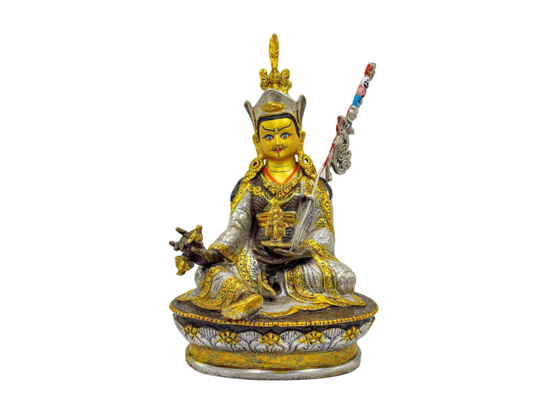 Buddhist Handmade Statue of Padmasambhava (Guru Rinpoche) – Silver Plated, Chocolate Oxidized, Face Painted
