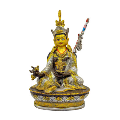 Buddhist Handmade Statue of Padmasambhava (Guru Rinpoche) – Silver Plated, Chocolate Oxidized, Face Painted
