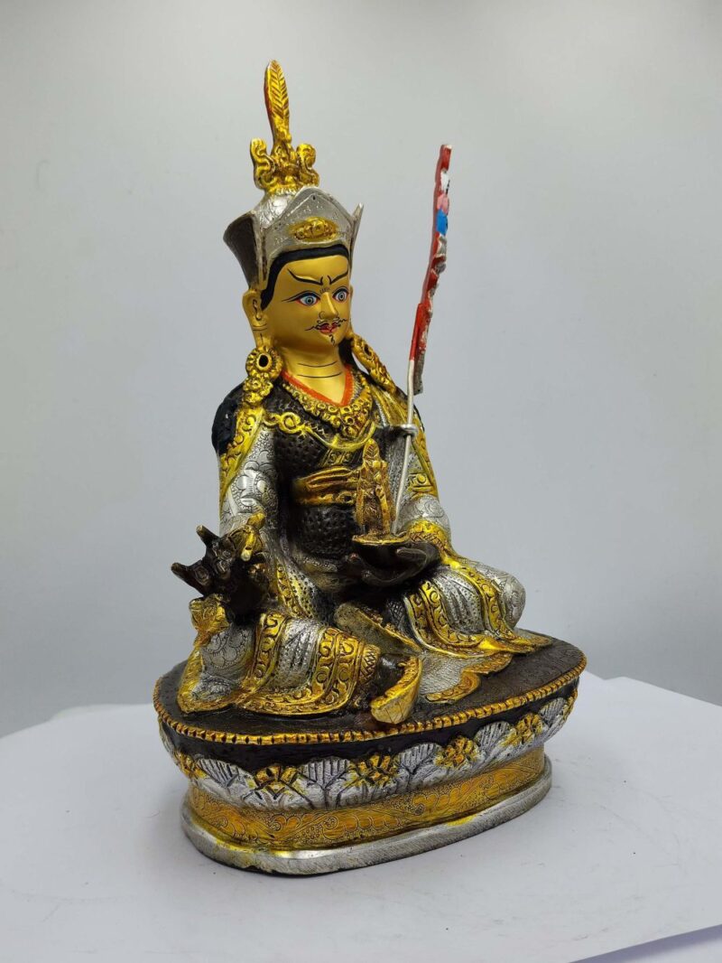 Buddhist Handmade Statue of Padmasambhava (Guru Rinpoche) – Silver Plated, Chocolate Oxidized, Face Painted - Image 2