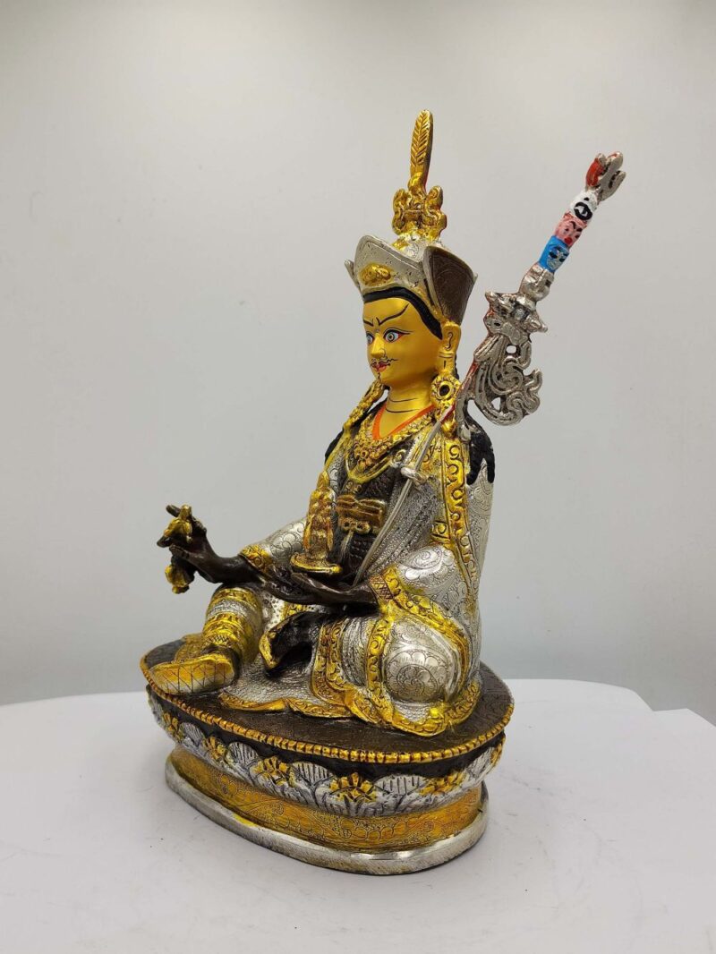 Buddhist Handmade Statue of Padmasambhava (Guru Rinpoche) – Silver Plated, Chocolate Oxidized, Face Painted - Image 4