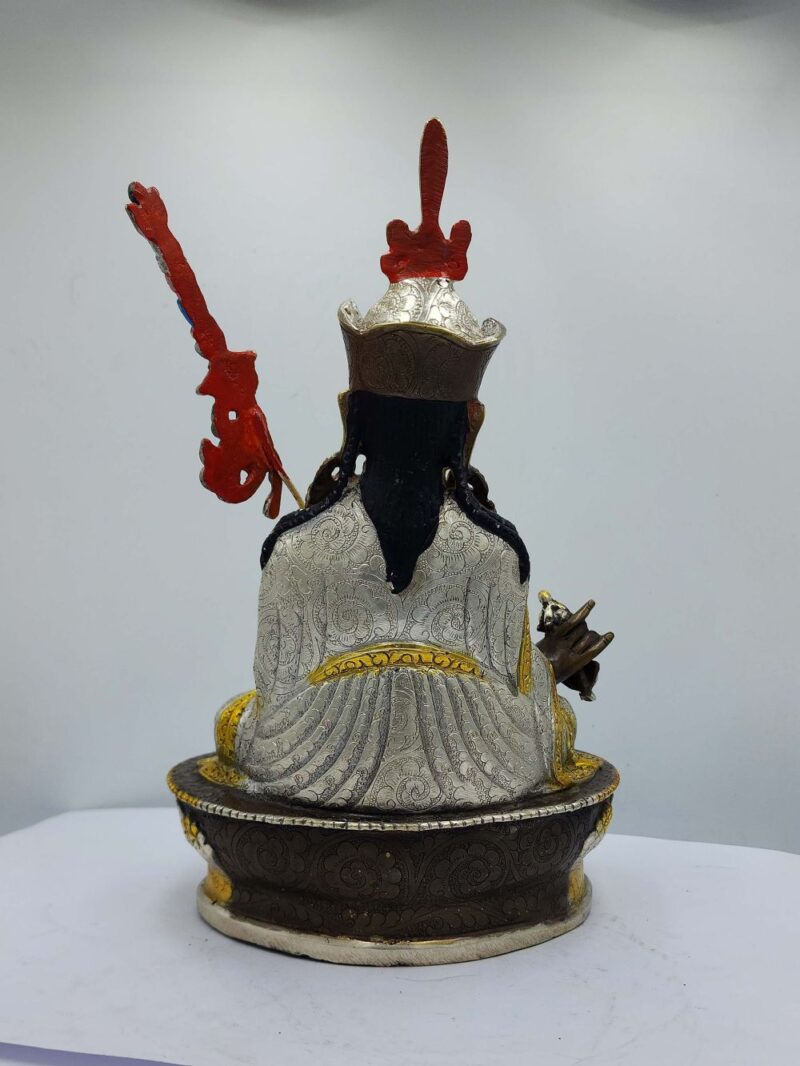 Buddhist Handmade Statue of Padmasambhava (Guru Rinpoche) – Silver Plated, Chocolate Oxidized, Face Painted - Image 5