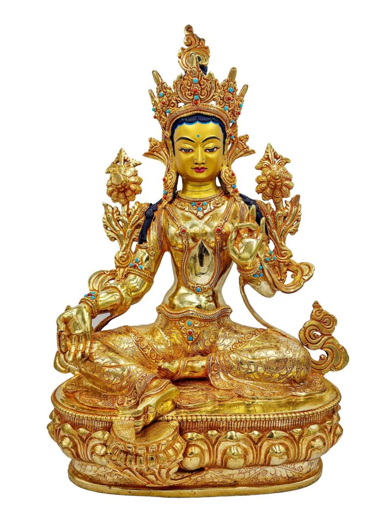 Buddhist Handmade Statue of Green Tara – Full Fire Gold Plated, Face Painted, Stone Setting - Image 3