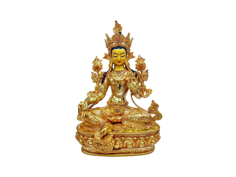 Buddhist Handmade Statue of Green Tara – Full Fire Gold Plated, Face Painted, Stone Setting