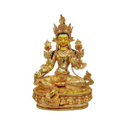 Buddhist Handmade Statue of Green Tara – Full Fire Gold Plated, Face Painted, Stone Setting