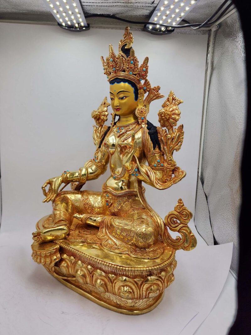 Buddhist Handmade Statue of Green Tara – Full Fire Gold Plated, Face Painted, Stone Setting - Image 4